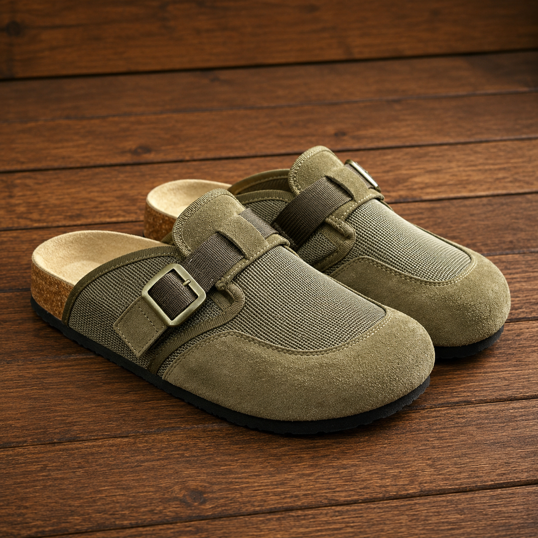 Suede Textured Buckled Clogs